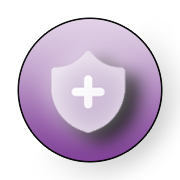 The image shows a circular icon with a purple background and a small, white shield-like symbol in the center.