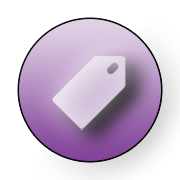 The image displays a circular icon with a purple background, featuring a white price tag with a purple string on the left side and a small white shopping cart symbol.